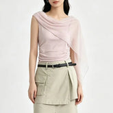 Sheer Scarf Detail Ruched Knit Crop Tank Top