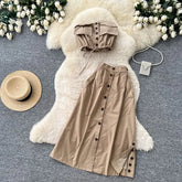 Set: Plain Flap Pocket Drawstring Button Padded Cropped Tube Top + High Waist Slit Midi A-Line Skirt