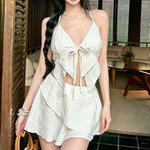 Set: Halter Argyle Asymmetrical Tankini Top + Swim Skirt + Bikini Bottom