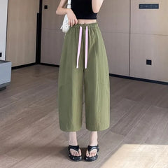 Drawstring Waist Plain Crop Barrel Leg Pants