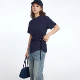 Short Sleeve Crew Neck Plain Drawstring Slim-Fit T-Shirt