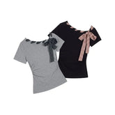 Short Sleeve Asymmetric Neckline Tie Front Slim-Fit T-Shirt