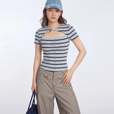 Short Sleeve Crew Neck Striped Cut-Out Twisted Button Front Slim-Fit T-Shirt