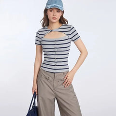 Short Sleeve Crew Neck Striped Cut-Out Twisted Button Front Slim-Fit T-Shirt