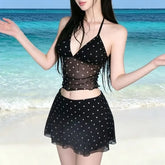 Set: Polka Dot Tankini Top + Swim Skirt