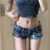 Low Rise Studded Denim Hot Pants