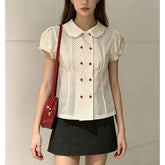 Puff Sleeve Doll Collar Polka Dot Slim-Fit Blouse
