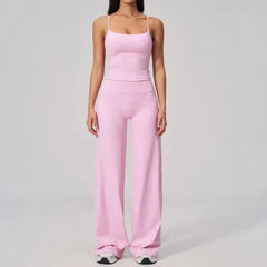 Set: Plain Yoga Camisole Top + Mid Rise Wide Leg Yoga Pants