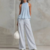 Halter Neck Plain Sheer Tank Top / High Waist Striped Loose-Fit Wide-Leg Pants