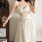 Sleeveless V-Neck Lace Maxi A-Line Dress