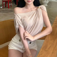 Sleeveless One Shoulder Plain Ruched Top