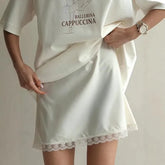 High Waist Lace Trim Satin Mini Skirt