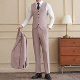 Set: Lapel Collar Plain Button Up Blazer + V-Neck Button Up Vest + Mid Rise Straight Leg Dress Pants