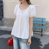 Short Sleeve Round Neck Plain Bow Ruffle Blouse