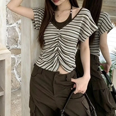 Mock Two-Piece Short-Sleeve Halter Neck Striped Ruched Crop T-Shirt