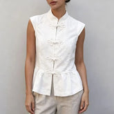 Cap-Sleeve Mandarin Collar Plain Peplum Top