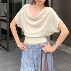 Batwing-Sleeve Off-Shoulder Plain Crop Top