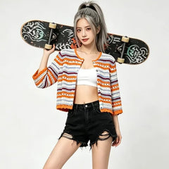 Elbow-Sleeve Striped Crochet Knit Cardigan