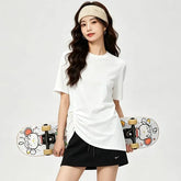Short-Sleeve Crew Neck Plain Ruched Asymmetrical T-Shirt
