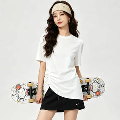 Short-Sleeve Crew Neck Plain Ruched Asymmetrical T-Shirt