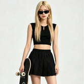 Cap-Sleeve Notch Neck Plain Cropped T-Shirt / Elastic Waist Skort