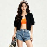 Short-Sleeve Round Neck Plain Zip Cardigan