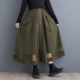 Elastic Waist Plain Large Pocket Zip Panel Mesh Midi A-Line Skirt