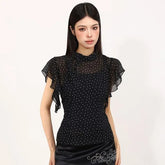 Set: Flutter Sleeve Stand Collar Dotted Chiffon Top + Camisole Top