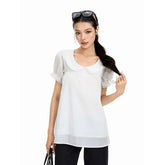 Short Sleeve Collared Plain Lace Trim Blouse