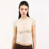 Short Sleeve Crew Neck Plain Cutout Back T-Shirt