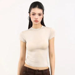 Short Sleeve Crew Neck Plain Cutout Back T-Shirt