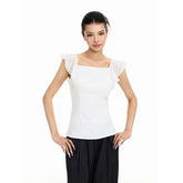 Sleeveless Square Neck Plain Embroidered Ruffle Top
