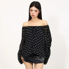 Long Sleeve Off Shoulder Polka Dot Bow Chiffon Top