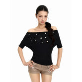 Elbow Sleeve Off Shoulder Plain Button Embellished Top