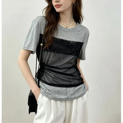 Short Sleeve Mock Two Piece Mesh Panel Side Drawstring Slim-Fit Top