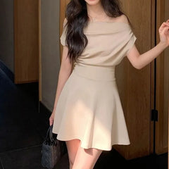 Short-Sleeve Off Shoulder Plain Mini A-Line Dress
