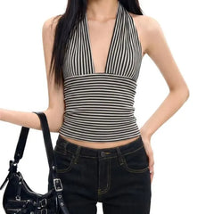 Sleeveless V-Neck Striped Crop Top