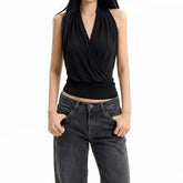 Sleeveless V-Neck Plain Crop Top