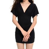 Short-Sleeve V-Neck Plain Crop Top / Mini Pencil Skirt