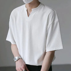 Elbow-Sleeve Notch Neck Plain Ribbed T-Shirt