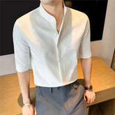 Elbow-Sleeve Stand Collar Button-Up Plain Waffle Shirt