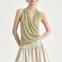 Halter V-Neck Plain Ruched Open Back Knit Top