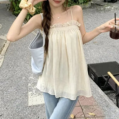 Spaghetti Strap Plain Ruffle Trim Flowy Camisole Top
