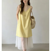 Sleeveless V-Neck Plain Mesh Panel Loose-Fit Maxi Dress
