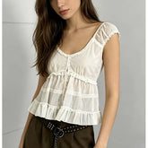 Cap Sleeve Scoop neck Plain Ruffled-Trim Blouse
