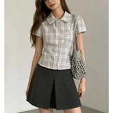 Short Sleeve Plaid Asymmetric Slim-Fit Shirt
