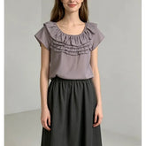 Short Sleeve Ruffled-Trim Plain Loose-Fit Blouse