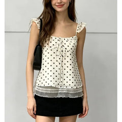 Scoop Neck Tie-Front Polka Dot A-Line Camisole Top