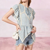 Short-Sleeve Plaid Lace Trim Asymmetrical Blouse
