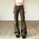 Low Waist Plain Pocket Slim-Fit Boot-Cut Cargo Pants